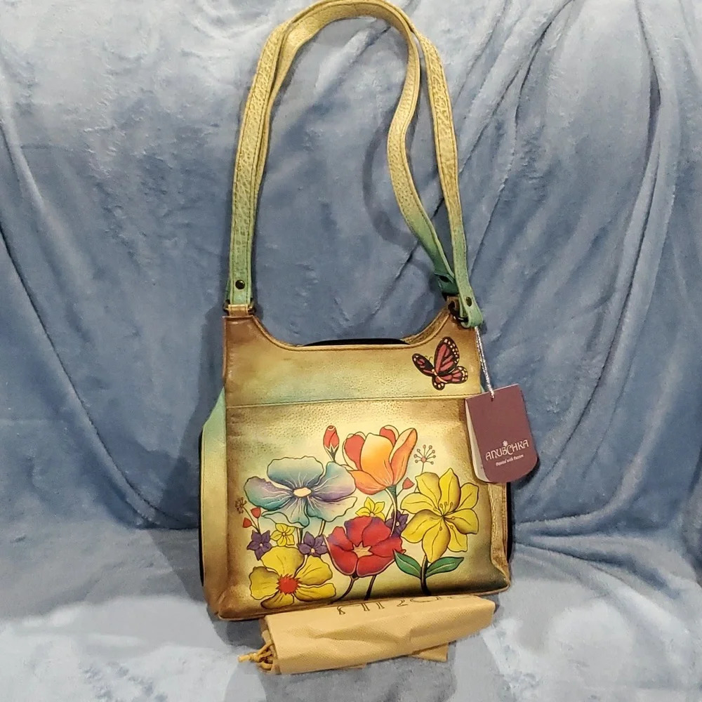 Anuschka nwt handpainted leather butterfly double strap zip around shoulder bag